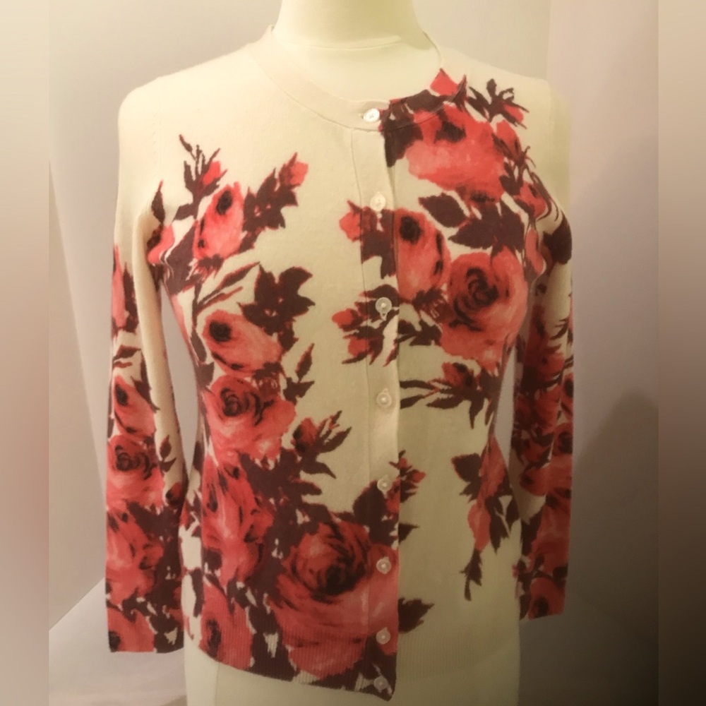 Talbots Petite Women's 100% Cashmere Cardigan Sweater Ivory/Burgundy Floral